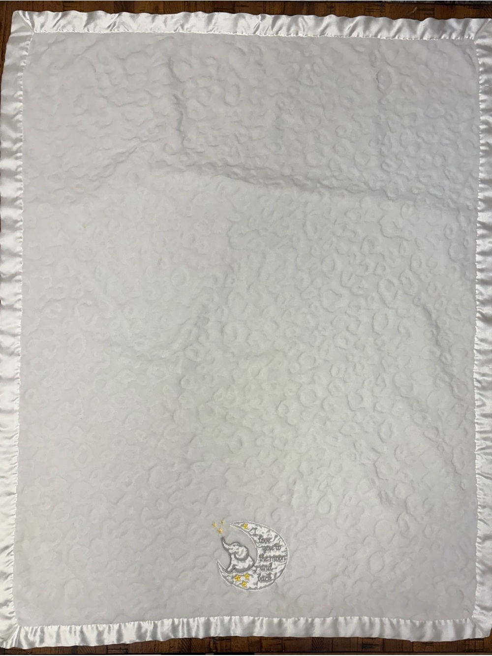 Baby Starters White Minky Elephant Moon & Back Satin Trim Crib Blanket